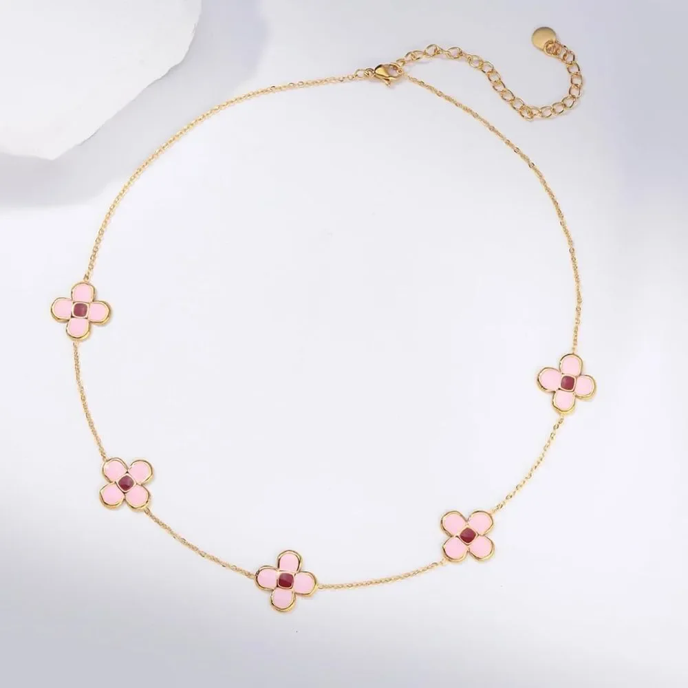 NEW 18K Gold Plated Gold and Pink Floral Necklace